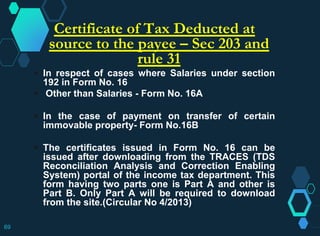 Certificate of Tax Deducted at
source to the payee – Sec 203 and
rule 31
 In respect of cases where Salaries under section
192 in Form No. 16
 Other than Salaries - Form No. 16A
 In the case of payment on transfer of certain
immovable property- Form No.16B
 The certificates issued in Form No. 16 can be
issued after downloading from the TRACES (TDS
Reconciliation Analysis and Correction Enabling
System) portal of the income tax department. This
form having two parts one is Part A and other is
Part B. Only Part A will be required to download
from the site.(Circular No 4/2013)
69
 