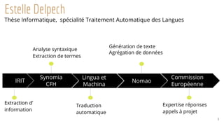 IRIT
Extraction d’
information
Lingua et
Machina
Traduction
automatique
Nomao
Génération de texte
Agrégation de données
Co...