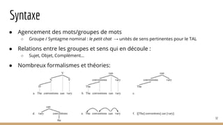 Syntaxe
● Agencement des mots/groupes de mots
○ Groupe / Syntagme nominal : le petit chat → unités de sens pertinentes pour le TAL
● Relations entre les groupes et sens qui en découle :
○ Sujet, Objet, Complément…
● Nombreux formalismes et théories:
32
 