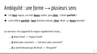 Ambiguïté : une forme → plusieurs sens
Un bon repas, un très beau cadre, pas cher : c’était parfait !
Loin d’être parfait : bon d’achat refusé, cher. Bref, un beau bordel !
Le serveur m’a apporté le repas rapidement mais...
… il était froid → “repas froid”
… il était peu souriant → “serveur peu souriant”
… il y avait beaucoup de bruit → “bruyant”
39
 