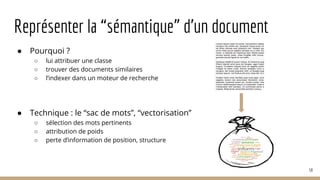 Représenter la “sémantique” d’un document
● Pourquoi ?
○ lui attribuer une classe
○ trouver des documents similaires
○ l’indexer dans un moteur de recherche
● Technique : le “sac de mots”, “vectorisation”
○ sélection des mots pertinents
○ attribution de poids
○ perte d’information de position, structure
58
 