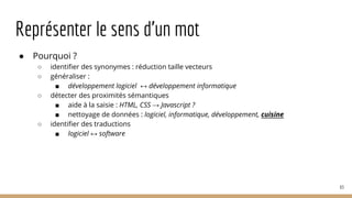 Représenter le sens d’un mot
● Pourquoi ?
○ identifier des synonymes : réduction taille vecteurs
○ généraliser :
■ développement logiciel ↔ développement informatique
○ détecter des proximités sémantiques
■ aide à la saisie : HTML, CSS → Javascript ?
■ nettoyage de données : logiciel, informatique, développement, cuisine
○ identifier des traductions
■ logiciel ↔ software
63
 