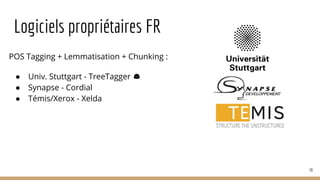 Logiciels propriétaires FR
● Univ. Stuttgart - TreeTagger
● Synapse - Cordial
● Témis/Xerox - Xelda
78
POS Tagging + Lemmatisation + Chunking :
 