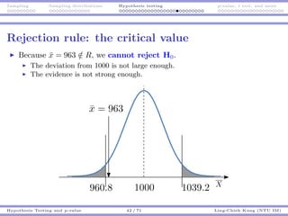 Sampling Sampling distributions Hypothesis testing p-value, t test, and more
Rejection rule: the critical value
Because ¯x = 963 /∈ R, we cannot reject H0.
The deviation from 1000 is not large enough.
The evidence is not strong enough.
Hypothesis Testing and p-value 42 / 71 Ling-Chieh Kung (NTU IM)
 