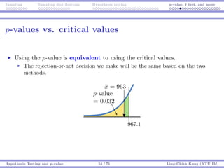 Sampling Sampling distributions Hypothesis testing p-value, t test, and more
p-values vs. critical values
Using the p-value is equivalent to using the critical values.
The rejection-or-not decision we make will be the same based on the two
methods.
Hypothesis Testing and p-value 55 / 71 Ling-Chieh Kung (NTU IM)
 