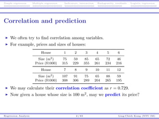 Simple regression Multiple regression Indicators, interaction Endogeneity, residuals Logistic regression
Correlation and prediction
We often try to ﬁnd correlation among variables.
For example, prices and sizes of houses:
House 1 2 3 4 5 6
Size (m2) 75 59 85 65 72 46
Price ($1000) 315 229 355 261 234 216
House 7 8 9 10 11 12
Size (m2) 107 91 75 65 88 59
Price ($1000) 308 306 289 204 265 195
We may calculate their correlation coeﬃcient as r = 0.729.
Now given a house whose size is 100 m2
, may we predict its price?
Regression Analysis 2 / 83 Ling-Chieh Kung (NTU IM)
 