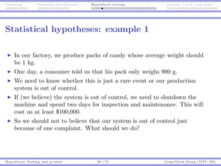 Sampling Sampling distributions Hypothesis testing p-value, t test, and more
Statistical hypotheses: example 1
In our factory, we produce packs of candy whose average weight should
be 1 kg.
One day, a consumer told us that his pack only weighs 900 g.
We need to know whether this is just a rare event or our production
system is out of control.
If (we believe) the system is out of control, we need to shutdown the
machine and spend two days for inspection and maintenance. This will
cost us at least $100,000.
So we should not to believe that our system is out of control just
because of one complaint. What should we do?
Hypothesis Testing and p-value 28 / 71 Ling-Chieh Kung (NTU IM)
 