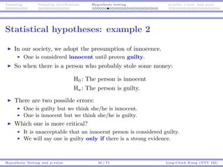 Sampling Sampling distributions Hypothesis testing p-value, t test, and more
Statistical hypotheses: example 2
In our society, we adopt the presumption of innocence.
One is considered innocent until proven guilty.
So when there is a person who probably stole some money:
H0 : The person is innocent
Ha : The person is guilty.
There are two possible errors:
One is guilty but we think she/he is innocent.
One is innocent but we think she/he is guilty.
Which one is more critical?
It is unacceptable that an innocent person is considered guilty.
We will say one is guilty only if there is a strong evidence.
Hypothesis Testing and p-value 30 / 71 Ling-Chieh Kung (NTU IM)
 