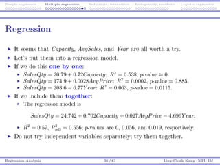 Simple regression Multiple regression Indicators, interaction Endogeneity, residuals Logistic regression
Regression
It see...