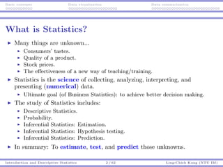 Basic concepts Data visualization Data summarization
What is Statistics?
Many things are unknown...
Consumers’ tastes.
Qua...