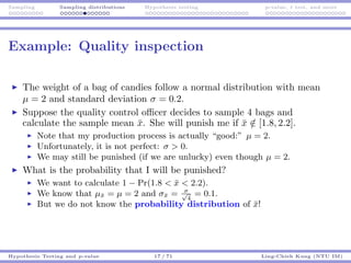 Sampling Sampling distributions Hypothesis testing p-value, t test, and more
Example: Quality inspection
The weight of a b...