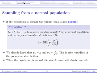 Sampling Sampling distributions Hypothesis testing p-value, t test, and more
Sampling from a normal population
If the popu...