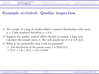 Sampling Sampling distributions Hypothesis testing p-value, t test, and more
Example revisited: Quality inspection
The wei...