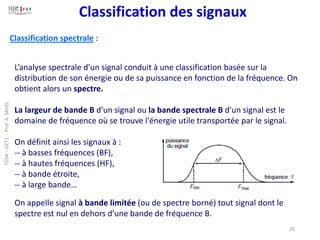 Classification spectrale :
L’analyse spectrale d’un signal conduit à une classification basée sur la
distribution de son énergie ou de sa puissance en fonction de la fréquence. On
obtient alors un spectre.
La largeur de bande B d’un signal ou la bande spectrale B d'un signal est le
domaine de fréquence où se trouve l'énergie utile transportée par le signal.
On définit ainsi les signaux à :
-- à basses fréquences (BF),
-- à hautes fréquences (HF),
-- à bande étroite,
-- à large bande…
On appelle signal à bande limitée (ou de spectre borné) tout signal dont le
spectre est nul en dehors d’une bande de fréquence B.
26
Classification des signaux
TDSA
–
GET1
-
Prof.
A.
SAHEL
 