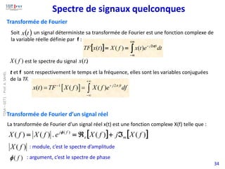 34
Transformée de Fourier
Soit un signal déterministe sa transformée de Fourier est une fonction complexe de
la variable réelle définie par f :
( )
t
x
 
1 2
( ) ( ) ( ) j ft
x t TF X f X f e df

+
− +
−
= = 
  
+

−
−
=
= dt
e
t
x
f
X
t
x
TF ft
j 
2
)
(
)
(
)
(
)
( f
X est le spectre du signal .
)
(t
x
Transformée de Fourier d’un signal réel
   
)
(
)
(
.
)
(
)
( )
(
f
X
j
f
X
e
f
X
f
X m
e
f
j

+

=
= 
: module, c’est le spectre d’amplitude
)
( f
X
: argument, c’est le spectre de phase
)
( f

La transformée de Fourier d’un signal réel x(t) est une fonction complexe X(f) telle que :
t et f sont respectivement le temps et la fréquence, elles sont les variables conjuguées
de la TF.
Spectre de signaux quelconques
TDSA
–
GET1
-
Prof.
A.
SAHEL
 
