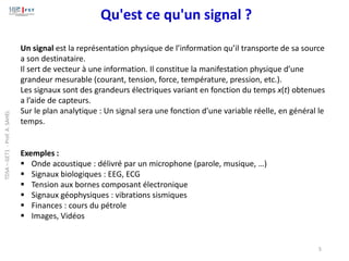 5
Qu'est ce qu'un signal ?
Un signal est la représentation physique de l’information qu’il transporte de sa source
a son destinataire.
Il sert de vecteur à une information. Il constitue la manifestation physique d’une
grandeur mesurable (courant, tension, force, température, pression, etc.).
Les signaux sont des grandeurs électriques variant en fonction du temps x(t) obtenues
a l’aide de capteurs.
Sur le plan analytique : Un signal sera une fonction d'une variable réelle, en général le
temps.
Exemples :
▪ Onde acoustique : délivré par un microphone (parole, musique, …)
▪ Signaux biologiques : EEG, ECG
▪ Tension aux bornes composant électronique
▪ Signaux géophysiques : vibrations sismiques
▪ Finances : cours du pétrole
▪ Images, Vidéos
TDSA
–
GET1
-
Prof.
A.
SAHEL
 