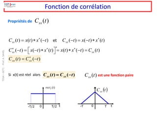 Fonction de corrélation
Propriétés de )
(t
Cxx
( ) ( ) ( )
xx
C t x t x t

 
 
− = − 
  ( ) ( ) ( )
xx
x t x t C t

=  − =
)
(
)
( t
C
t
C xx
xx −
= 
( ) ( ) ( )
xx
C t x t x t

=  − ( ) ( ) ( )
xx
C t x t x t

− = − 
et
Si x(t) est réel alors )
(
)
( t
C
t
C xx
xx −
=
-T/2 T/2 t
0
( )
T
rect t
-T T t
0
( )
t
Cxx
est une fonction paire
)
(t
Cxx
TDSA
–
GET1
-
Prof.
A.
SAHEL
 