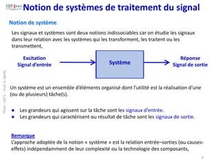 Notion de systèmes de traitement du signal
6
Réponse
Signal de sortie
Excitation
Signal d’entrée Système
● Les grandeurs qui agissent sur la tâche sont les signaux d’entrée.
● Les grandeurs qui caractérisent ou résultat de tâche sont les signaux de sortie.
Notion de système
Un système est un ensemble d’éléments organisé dont l’utilité est la réalisation d’une
(ou de plusieurs) tâche(s).
Remarque
L’approche adoptée de la notion « système » est la relation entrée–sorties (ou causes-
effets) indépendamment de leur complexité ou la technologie des composants,
Les signaux et systèmes sont deux notions indissociables car on étudie les signaux
dans leur relation avec les systèmes qui les transforment, les traitent ou les
transmettent,
TDSA
–
GET1
-
Prof.
A.
SAHEL
 
