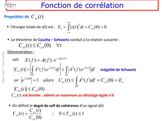 Fonction de corrélation
Propriétés de )
(t
Cxx
2 2 2 2
( ) ( ). ( ).
j ft j ft
xx
IR IR
C t A f e df A f e df
 
= 
  inégalité de Schwartz
est bornée : admet un maximum au décalage égale à 0
)
(t
Cxx
▪ L’énergie totale de x(t) est : 0
)
0
(
)
(
2

=
= 
+

−
xx
x C
dt
t
x
E
▪ Le théorème de Cauchy – Schwartz conduit à la relation suivante :
t
C
t
C xx
xx 
 )
0
(
)
(
Démonstration :
)
(
)
(
)
( f
j
e
f
A
f
X 
−

=
soit
1
)
(
0
;
)
0
(
)
(
)
( 


=
 t
C
t
C
t xx
xx
xx
xx
▪ On définit le degré de self de cohérence d’un signal x(t)
 =
=

=
IR
x
xx
xx
ft
j
E
C
df
f
A
t
C
alors
e
or )
0
(
)
(
)
(
1 2
2
)
0
(
)
( xx
xx C
t
C 
TDSA
–
GET1
-
Prof.
A.
SAHEL
 