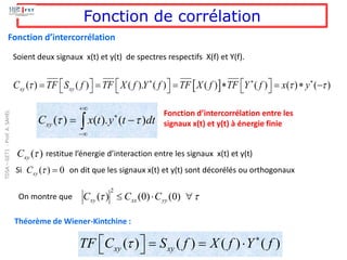  
( ) ( ) ( ). ( ) ( ) ( ) ( ) ( )
xy xy
C TF S f TF X f Y f TF X f TF Y f x y
  
  
   
 
= = =  =  −
     

+

−

−
= dt
t
y
t
x
Cxy )
(
).
(
)
( 

Fonction d’intercorrélation entre les
signaux x(t) et y(t) à énergie finie
Fonction de corrélation
Soient deux signaux x(t) et y(t) de spectres respectifs X(f) et Y(f).
Fonction d’intercorrélation
)
(
xy
C restitue l’énergie d’interaction entre les signaux x(t) et y(t)
Si on dit que les signaux x(t) et y(t) sont décorélés ou orthogonaux
0
)
( =

xy
C
Théorème de Wiener-Kintchine :
( ) ( ) ( ) ( )
xy xy
TF C S f X f Y f
 
  = = 
 
On montre que 
 

 )
0
(
)
0
(
)
(
2
yy
xx
xy C
C
C
TDSA
–
GET1
-
Prof.
A.
SAHEL
 