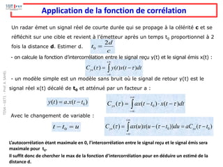 dt
t
x
t
y
Cyx )
(
)
(
)
( 
 −
= 
+

−
Application de la fonction de corrélation
c
d
t
2
0 =
Un radar émet un signal réel de courte durée qui se propage à la célérité c et se
réfléchit sur une cible et revient à l’émetteur après un temps t0 proportionnel à 2
fois la distance d. Estimer d.
- on calcule la fonction d’intercorrélation entre le signal reçu y(t) et le signal émis x(t) :
- un modèle simple est un modèle sans bruit où le signal de retour y(t) est le
signal réel x(t) décalé de t0 et atténué par un facteur a :
Avec le changement de variable :
L’autocorrélation étant maximale en 0, l’intercorrélation entre le signal reçu et le signal émis sera
maximale pour t0.
Il suffit donc de chercher le max de la fonction d’intercorrélation pour en déduire un estimé de la
distance d.
)
(
.
)
( 0
t
t
x
a
t
y −
= dt
t
x
t
t
ax
Cyx )
(
)
(
)
( 0 
 −

−
= 
+

−
u
t
t =
− 0 )
(
))
(
(
)
(
)
( 0
0 t
aC
du
t
u
x
u
ax
C xx
yx −
=
−
−
= 
+

−



TDSA
–
GET1
-
Prof.
A.
SAHEL
 