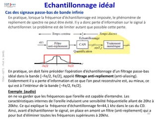 Cas des signaux passe-bas de bande infinie
En pratique, lorsque la fréquence d’échantillonnage est imposée, le phénomène de
repliement de spectre ne peut être évité. Il y a donc perte d’information sur le signal à
échantillonner. Le problème est de limiter autant que possible cette perte.
En pratique, on doit faire précéder l’opération d’échantillonnage d’un filtrage passe-bas
idéal dans la bande −Fe/2, Fe/2, appelé filtrage anti-repliement (anti-aliasing).
Evidemment il y a perte d’information et ce que l’on peut reconstruire est, au mieux, ce
qui est à l’intérieur de la bande −Fe/2, Fe/2.
Fe/2
-Fe/2
Exemple (audio)
on ne va garder que les fréquences que l’oreille est capable d’entendre. Les
caractéristiques internes de l'oreille induisent une sensibilité fréquentielle allant de 20hz à
20khz. Ce qui explique la fréquence d'échantillonnage fe=44,1 khz dans le cas du CD.
Ainsi, avant d'échantillonner le signal, on place en amont un filtre (anti-repliement) qui a
pour but d'éliminer toutes les fréquences supérieures à 20khz.
83
TDSA
–
GET1
-
Prof.
A.
SAHEL
 