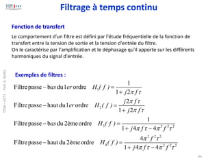 94
1
2
3 2 2 2
2 2 2
4 2 2 2
1
Filtrepasse b du1 ordre
1 2
2
Filtrepasse haut du1 ordre
1 2
1
Filtrepasse b du 2èmeordre
1 4 4
4
Filtrepasse haut du 2èmeordre
1 4 4
as er H ( f )
j f
j f
er H ( f )
j f
as H ( f )
j f f
f
H ( f )
j f f
 
 
 
   
 
   
− =
+
− =
+
− =
+ −
− =
+ −
Fonction de transfert
Le comportement d'un filtre est défini par l'étude fréquentielle de la fonction de
transfert entre la tension de sortie et la tension d'entrée du filtre.
On le caractérise par l'amplification et le déphasage qu'il apporte sur les différents
harmoniques du signal d'entrée.
Exemples de filtres :
Filtrage à temps continu
TDSA
–
GET1
-
Prof.
A.
SAHEL
 