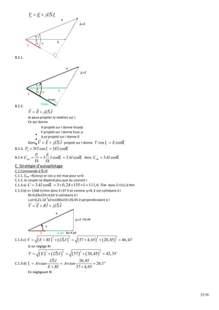 25/36
B.2.1.
V
E
I

V E jL I

 
jLI


B.2.2.
V
E
I

jLI


Vcos
Ecos
V E jL I

 

  
Je peux projeter la relation sur I.
Ce qui donne

V projeté sur I donne Vcos

E projeté sur I donne Ecos 

JLI projeté sur I donne 0
Donc V E jL I

 

  
projeté sur I donne cos cos
V E
 

B.2.3. 3 cos 3 cos
a
P VI EI
 
 
B.2.4 3 cos 3 cos
a
em
P E
C I AI
 
  
 
donc 3 cos
em
C AI 

C. Stratégie d’autopilotage
C.1.Commande à =0
C.1.1. Cem =f(cos) or cos  est max pour =0
C.1.2. le couple ne dépend plus que du courant I
C.1.3.a) 3 cos 3 0,24 155 1 111,6
C AI Nm

      donc C=111,6 Nm
C.1.3.b) n= 1500 tr/min donc E=37 V et comme =0, E est colinéaire à I
RI=0,03x155=4,65 V colinéaire à I
LI=0,21.10
-3
x2x100x155=20,45 V perpendiculaire à I
V E RI jL I

  

   
V
E=37
I
jLI =20,45

RI=4,65
C.1.3.c)        
2 2 2 2
37 4,65 20,45 46,4
V E RI L I V

      
Si on néglige RI
       
2 2 2 2
37 20,45 42,3
V E L I V

    
C.1.3.d)
20,45
26,1
37 4,65
L I
Arctan Arctan
E RI

    
 
En négligeant RI
 