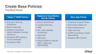 © 2014 Citrix | Confidential – Do Not Distribute
Create Base Policies
The Must Haves
“Magic 5” MDM Policies
• End-User Terms &
Conditions
• Device Passcode
• Software Inventory
(where allowed / privacy
concerns)
• Company WiFi (setup a
secure network)
• ActiveSync Mail
Regional or User/Device
Specific Policies
• Device Restrictions
• Location Services
• VPN
• PKI / User Identity
Certificates
• App Push
• App Store
• Device Platform Specific
(iOS 7, Samsung
SAFE/KNOX)
Worx App Policies
• Clipboard (Copy & Paste)
• Documents (Open In)
• Device Restrictions
• Login Security
• mVPN Tunneling vs. Open
Networking
• Network WiFi Control
 