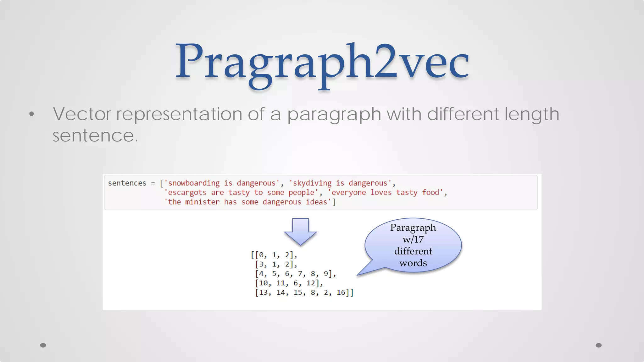 Pragraph2vec
• Vector representation of a paragraph with different length
sentence.
Paragraph
w/17
different
words
 