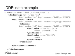IDDF: data example
<iddf:data xmlns:tds="…/ns/iddf/tds" … >
   <tds:language key="l-iso-tba"
             iddf:notion="n1" iddf:sources="SyllTyp UPSID">
       <tds:identification
             iddf:notion="n2" iddf:sources="SyllTyp UPSID">
              <tds:name
             iddf:notion="n3" iddf:sources="SyllTyp UPSID">
                     <iddf:value srcs="SyllTyp">
                            Wari’ (Tubarão)
                     </iddf:value>
                     <iddf:value srcs="UPSID">
                            Huari
                     </iddf:value>
              </tds:name>
               …
      </tds:identification>
      …
  </tds:language>
  …
</iddf:data>                                 CLIN 20 - February 5, 2010
 