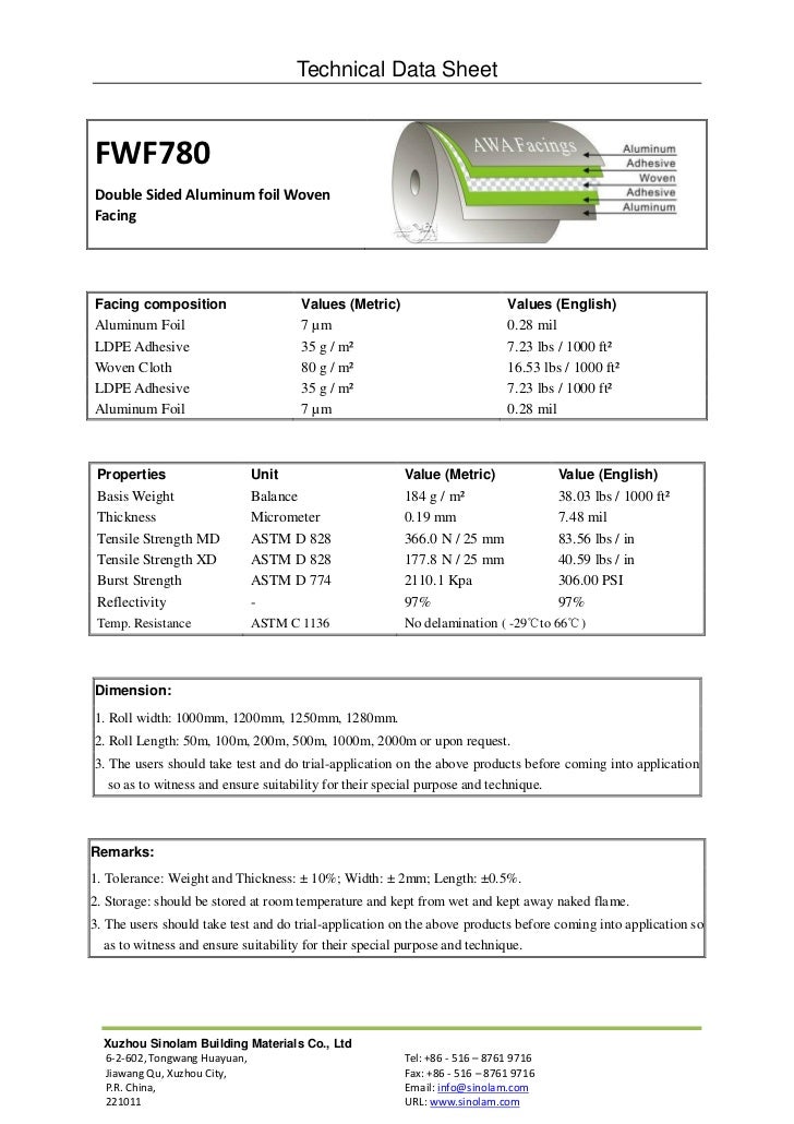 Technical data sheet of double sided foil sandwiched woven cloth faci…