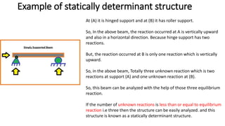 Example of statically determinant structure
At (A) it is hinged support and at (B) it has roller support.
So, In the above beam, the reaction occurred at A is vertically upward
and also in a horizontal direction. Because hinge support has two
reactions.
But, the reaction occurred at B is only one reaction which is vertically
upward.
So, in the above beam, Totally three unknown reaction which is two
reactions at support (A) and one unknown reaction at (B).
So, this beam can be analyzed with the help of those three equilibrium
reaction.
If the number of unknown reactions is less than or equal to equilibrium
reaction i.e three then the structure can be easily analyzed. and this
structure is known as a statically determinant structure.
 