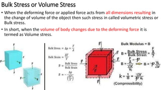 Bulk Stress or Volume Stress
• When the deforming force or applied force acts from all dimensions resulting in
the change of volume of the object then such stress in called volumetric stress or
Bulk stress.
• In short, when the volume of body changes due to the deforming force it is
termed as Volume stress.
 
