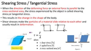 Shearing Stress / Tangential Stress
• When the direction of the deforming force or external force is parallel to the
cross-sectional area, the stress experienced by the object is called shearing
stress or tangential stress.
• This results in the change in the shape of the body.
• Shear stresses make the particles of a material slide relative to each other and
usually result in deformation.
 