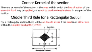 Core or Kernel of the section
The core or Kernel of the section is the area with in which the line of action of the
eccentric load may be applied, so as not to produce tensile stress in any part of the
section.
Middle Third Rule for a Rectangular Section
For a rectangular section there will be no tensile stress if the load is on either axis
within the middle third of the section.
 