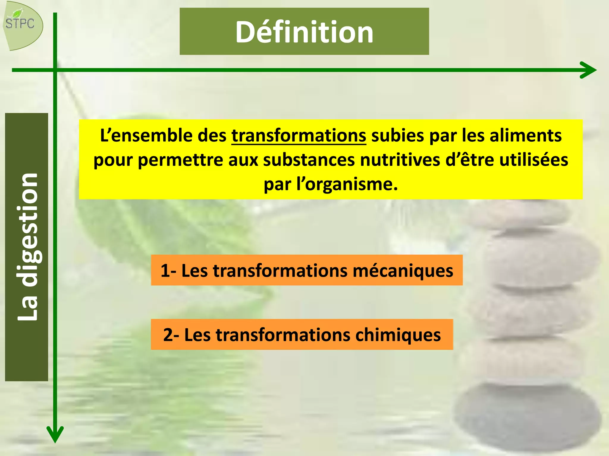 L’ensemble des transformations subies par les aliments
pour permettre aux substances nutritives d’être utilisées
par l’organisme.
Définition
1- Les transformations mécaniques
2- Les transformations chimiques
Ladigestion
 