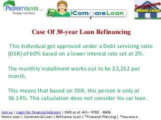 Case Of 30-year Loan Refinancing
This individual got approved under a Debt servicing ratio
(DSR) of 60% based on a lower i...