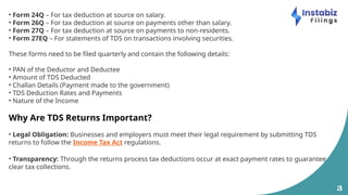 3
• Form 24Q – For tax deduction at source on salary.
• Form 26Q – For tax deduction at source on payments other than salary.
• Form 27Q – For tax deduction at source on payments to non-residents.
• Form 27EQ – For statements of TDS on transactions involving securities.
These forms need to be filed quarterly and contain the following details:
• PAN of the Deductor and Deductee
• Amount of TDS Deducted
• Challan Details (Payment made to the government)
• TDS Deduction Rates and Payments
• Nature of the Income
Why Are TDS Returns Important?
• Legal Obligation: Businesses and employers must meet their legal requirement by submitting TDS
returns to follow the Income Tax Act regulations.
• Transparency: Through the returns process tax deductions occur at exact payment rates to guarantee
clear tax collections.
 