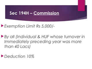 Exemption Limit Rs 5,000/-
By all (Individual & HUF whose turnover in
Immediately preceding year was more
than 40 Lacs)
Deduction 10%
Sec 194H – Commission
 