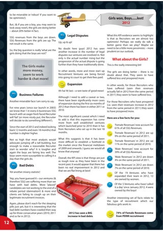 to be miserable or ‘robust’ if you want to
     be optimistic!).                                                                                  Girls won, Boys......lost!
     But, (& if you are a boy, you may want to
                                                                                                                2012
     look away now!), the girls are doing better
     – about 20% better in fact.

     SSG revenues from the boys are down.
                                                              Legal Disputes                 What this KPI evidence seems to highlight
                                                                                             is that as Recruiters we are almost too
     SSG Revenues from the girls are up. The                                                 optimistic! Perhaps we really do talk a
                                             Up, up & up!
     net result is the same.                                                                 better game than we play? Maybe we
                                                  No doubt here guys! 2012 has seen need to be a little more pessimistic – more
     So, the big question is really ‘what are the
                                                  another increase in the number of legal prudent on our outlook.
     girls doing that the boys are not?’
                                                  disputes our ventures are involved in. Not
                                                  only is the actual number rising but the
                                                  progression of the actual dispute is going
                                                                                                  What about the Girls?
                                                  further than they have traditionally done. This is the really interesting bit!
               The Girls make
                more money,                           In other words, more and more start up The girls are doing better – there is no
                seem to work                          Recruitment Ventures are being forced doubt about that. They seem to have
                                                      into going to court to get their fees paid. suffered less and prospered more.
             harder & chat more!
                                                              Expansion                               In other words, for those Recruiters who
                                                                                                      have suffered (seen their revenues
                                                      Ah ha! At last – a rare taste of good news!     actually fall in 2012 from the same period
              Business Failures                                                                       in 2011) they seem to have suffered less.
                                                    Although I need to add a caveat or two,
     Another miserable face I am sorry to say.      there have been significantly more cases          For those Recruiters who have prospered
                                                    of expansion during the first six months of       (i.e. seen their revenues increase in 2012
     For nine years (since our launch in 2003) 2012 than there has been in either 2011 or             from the same period in 2011) they seem
     we know that 1 in every 6 businesses SSG 2010.                                                   to have prospered more.
     launch with an eager fresh faced Recruiter
     will ‘fail’ (or more nicely put, the Recruiter The most significant caveat which I need          Here are a few facts for you:
     will decide to do something ‘different’).      to add is that this expansion has come
                                                    more from well established ventures
                                                                                                            ‘Female Revenues’ now account for
     Since the start of 2012 and indeed looking which launched prior to 2010 than it has                    61% of all SSG Revenues.
     back 12 months and even 18 months) that from Recruiters who set up in the last 18
     number is slighter higher.                     months.                                                 ‘Female Revenues’ in 2012 are up
                                                                                                            9% on the same period of 2011.
     Not so high that most analysts would             What this suggests is that it has been
                                                      more difficult to establish a foothold in             ‘Female Revenues’ in 2012 are up
     advocate jumping off a tall building, but                                                              11% on the same period of 2010.
     enough to make a reasonable Recruiter            the market since the financial meltdown
     start to wonder why? It is tougher and           of 2009 and onwards. I guess we would all             ‘Male Revenues’ now account for
     again the boys are fairing less well. The        know that anyway!                                     39% of all SSG Revenues.
     boys seem more susceptible to calling it a                                                             ‘Male Revenues’ in 2012 are down
     day than the girls do.                           Overall, the KPI view is that things are just
                                                      as tough now as they have been in the                 4% on the same period of 2011.

              Bad Debts                               recent past. It would appear that there has           ‘Male Revenues’ in 2012 are down
                                                      been no real improvement in 2012 and                  7% on the same period of 2010.
     Yet another misery statistic!                    that we are flat lining at best!
                                                                                                            Of the 19 Ventures who have
                                                                                                            expanded their team in 2012, 12
     Yep, you have guessed it – our ventures (&                                                             are owned by women.
     therefore SSG) are suffering more than we
     have with bad debts. More ‘’placed’’                                                                   Of the 5 Ventures who have ‘called
     candidates are not working to the end of a                                       se                    it a day’ since January 2012, 4 were
                                                                                    Ca s
                                                                                 r t ion
     rebate period (damnation!) & more end BAD                                ou licat
                                                                             C p
                                                                                                            owned by the boys!
                                                DE                            Ap
     clients are failing to cough up on their     BT
                                                    S
     legitimate recruitment invoices.                                                                 Another interesting set of facts relate to
                                                                                                      the type of recruitment which our
     Again, please don’t reach for the sleeping                                                       fabulous girls work in:
     pills just yet, but it is interesting that the
     bad debt numbers have crawled their way
     up for three consecutive years (2010, 2011                 2012 has seen a BIG                           74% of Female Revenues come
     and so far in 2012).                                      increase in bad debts                          from PERM recruitment

12
 