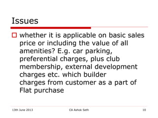 Issues
 whether it is applicable on basic sales
price or including the value of all
amenities? E.g. car parking,
preferen...