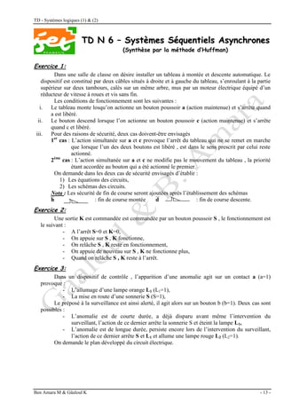 TD - Systèmes logiques (1) & (2)
Ben Amara M & Gâaloul K - 13 -
T
TD
D N
N 6
6 –
– S
Sy
ys
st
tè
èm
me
es
s S
Sé
éq
qu
ue
en
nt
ti
ie
el
ls
s A
As
sy
yn
nc
ch
hr
ro
on
ne
es
s
(Synthèse par la méthode d’Huffman)
Exercice 1:
Dans une salle de classe on désire installer un tableau à montée et descente automatique. Le
dispositif est constitué par deux câbles situés à droite et à gauche du tableau, s’enroulant à la partie
supérieur sur deux tambours, calés sur un même arbre, mus par un moteur électrique équipé d’un
réducteur de vitesse à roues et vis sans fin.
Les conditions de fonctionnement sont les suivantes :
i. Le tableau monte losqu’on actionne un bouton poussoir a (action maintenue) et s’arrête quand
a est libéré.
ii. Le bouton descend lorsque l’on actionne un bouton poussoir c (action maintenue) et s’arrête
quand c et libéré.
iii. Pour des raisons de sécurité, deux cas doivent-être envisagés
1er
cas : L’action simultanée sur a et c provoque l’arrêt du tableau qui ne se remet en marche
que lorsque l’un des deux boutons est libéré , est dans le sens prescrit par celui reste
actionné.
2ème
cas : L’action simultanée sur a et c ne modifie pas le mouvement du tableau , la priorité
étant accordée au bouton qui a été actionné le premier.
On demande dans les deux cas de sécurité envisagés d’établir :
1) Les équations des circuits,
2) Les schémas des circuits.
Nota : Les sécurité de fin de course seront ajoutées après l’établissement des schémas
h : fin de course montée d : fin de course descente.
Exercice 2:
Une sortie K est commandée est commandée par un bouton poussoir S , le fonctionnement est
le suivant :
- A l’arrêt S=0 et K=0,
- On appuie sur S , K fonctionne,
- On relâche S , K reste en fonctionnement,
- On appuie de nouveau sur S , K ne fonctionne plus,
- Quand on relâche S , K reste à l’arrêt.
Exercice 3:
Dans un dispositif de contrôle , l’apparition d’une anomalie agit sur un contact a (a=1)
provoque :
- L’allumage d’une lampe orange L1 (L1=1),
- La mise en route d’une sonnerie S (S=1),
Le préposé à la surveillance est ainsi alerté, il agit alors sur un bouton b (b=1). Deux cas sont
possibles :
- L’anomalie est de courte durée, a déjà disparu avant même l’intervention du
surveillant, l’action de ce dernier arrête la sonnerie S et éteint la lampe L1,
- L’anomalie est de longue durée, persiste encore lors de l’intervention du surveillant,
l’action de ce dernier arrête S et L1 et allume une lampe rouge L2 (L2=1).
On demande le plan développé du circuit électrique.
 
