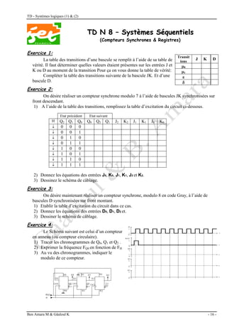 TD - Systèmes logiques (1) & (2)
Ben Amara M & Gâaloul K - 16 -
T
TD
D N
N 8
8 –
– S
Sy
ys
st
tè
èm
me
es
s S
Sé
éq
qu
ue
en
nt
ti
ie
el
ls
s
(Compteurs Synchrones & Registres)
Exercice 1:
La table des transitions d’une bascule se remplit à l’aide de sa table de
vérité. Il faut déterminer quelles valeurs étaient présentes sur les entrées J et
K ou D au moment de la transition Pour ça on vous donne la table de vérité:
Compléter la table des transitions suivante de la bascule JK. Et d’une
bascule D.
Exercice 2:
On désire réaliser un compteur synchrone modulo 7 à l’aide de bascules JK synchronisées sur
front descendant.
1) A l’aide de la table des transitions, remplissez la table d’excitation du circuit ci-dessous.
2) Donnez les équations des entrées J0, K0, J1, K1, J2 et K2.
3) Dessinez le schéma de câblage.
Exercice 3:
On désire maintenant réaliser un compteur synchrone, modulo 8 en code Gray, à l’aide de
bascules D synchronisées sur front montant.
1) Etablir la table d’excitation du circuit dans ce cas.
2) Donnez les équations des entrées D0, D1, D2 et.
3) Dessiner le schéma de câblage.
Exercice 4:
Le Schéma suivant est celui d’un compteur
en anneau (ou compteur circulaire).
1) Tracer les chronogrammes de Q0, Q1 et Q2 .
2) Exprimer la fréquence FQ0 en fonction de FH
3) Au vu des chronogrammes, indiquer le
modulo de ce compteur.
Transit
ions
J K D
0
1


Etat précédent Etat suivant
H Q2 Q1 Q0 Q0 Q2 Q1 J2 K2 J1 K1 J0 K0
 0 0 0
 0 0 1
 0 1 0
 0 1 1
 1 0 0
 1 0 1
 1 1 0
 1 1 1
 