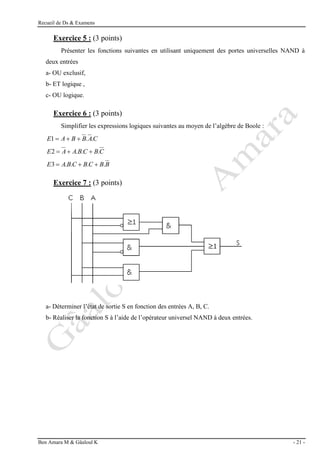 Recueil de Ds & Examens
Ben Amara M & Gâaloul K - 21 -
Exercice 5 : (3 points)
Présenter les fonctions suivantes en utilisant uniquement des portes universelles NAND à
deux entrées
a- OU exclusif,
b- ET logique ,
c- OU logique.
Exercice 6 : (3 points)
Simplifier les expressions logiques suivantes au moyen de l’algèbre de Boole :
C
A
B
B
A
E .
.
1 


C
B
C
B
A
A
E .
.
.
2 


B
B
C
B
C
B
A
E .
.
.
.
3 


Exercice 7 : (3 points)
a- Déterminer l’état de sortie S en fonction des entrées A, B, C.
b- Réaliser la fonction S à l’aide de l’opérateur universel NAND à deux entrées.
 