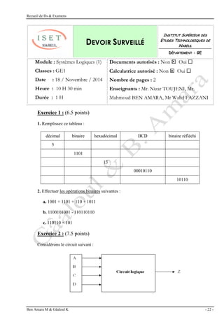 Recueil de Ds & Examens
Ben Amara M & Gâaloul K - 22 -
DEVOIR SURVEILLÉ
INSTITUT SUPÉRIEUR DES
ETUDES TECHNOLOGIQUES DE
NABEUL
DÉPARTEMENT : GE
Module : Systèmes Logiques (1)
Classes : GE1
Date : 18 / Novembre / 2014
Heure : 10 H 30 min
Durée : 1 H
Documents autorisés : Non  Oui 
Calculatrice autorisé : Non  Oui 
Nombre de pages : 2
Enseignants : Mr. Nizar TOUJENI, Mr.
Mahmoud BEN AMARA, Mr Walid FAZZANI
Exercice 1 : (6.5 points)
1. Remplissez ce tableau :
décimal binaire hexadécimal BCD binaire réfléchi
5
1101
13
00010110
10110
2. Effectuer les opérations binaires suivantes :
a. 1001 + 1101 + 110 + 1011
b. 1100101001 - 110110110
c. 110110 × 101
Exercice 2 : (7.5 points)
Considérons le circuit suivant :
 