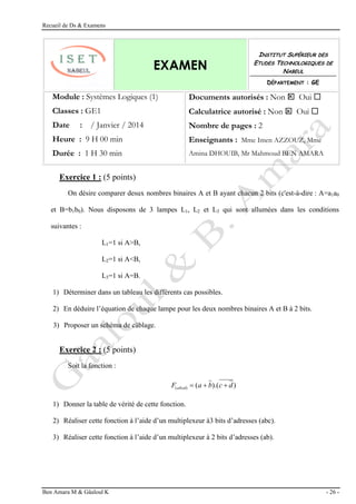 Recueil de Ds & Examens
Ben Amara M & Gâaloul K - 26 -
EXAMEN
INSTITUT SUPÉRIEUR DES
ETUDES TECHNOLOGIQUES DE
NABEUL
DÉPARTEMENT : GE
Module : Systèmes Logiques (1)
Classes : GE1
Date : / Janvier / 2014
Heure : 9 H 00 min
Durée : 1 H 30 min
Documents autorisés : Non  Oui 
Calculatrice autorisé : Non  Oui 
Nombre de pages : 2
Enseignants : Mme Imen AZZOUZ, Mme
Amina DHOUIB, Mr Mahmoud BEN AMARA
Exercice 1 : (5 points)
On désire comparer desux nombres binaires A et B ayant chacun 2 bits (c'est-à-dire : A=a1a0
et B=b1b0). Nous disposons de 3 lampes L1, L2 et L3 qui sont allumées dans les conditions
suivantes :
L1=1 si A>B,
L2=1 si A<B,
L3=1 si A=B.
1) Déterminer dans un tableau les différents cas possibles.
2) En déduire l’équation de chaque lampe pour les deux nombres binaires A et B à 2 bits.
3) Proposer un schéma de câblage.
Exercice 2 : (5 points)
Soit la fonction :
)
).(
(
)
( d
c
b
a
F abcd 


1) Donner la table de vérité de cette fonction.
2) Réaliser cette fonction à l’aide d’un multiplexeur à3 bits d’adresses (abc).
3) Réaliser cette fonction à l’aide d’un multiplexeur à 2 bits d’adresses (ab).
 