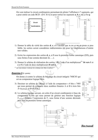 Recueil de Ds & Examens
Ben Amara M & Gâaloul K - 33 -
On veut réaliser le circuit combinatoire permettant de piloter l’afficheur à 7 segments, qui
a pour entrée un code BCD : (D C B A) et pour sorties les segments a, b, c, d, e, f et g
1) Donner la table de vérité des sorties d, e, et f sachant que A est le bit du poids le plus
faible. les sorties seront considérées indéterminées () pour les combinaisons d’entrée
non valides.
2) Ecrire les expressions des sorties d, e, et f sous la première forme canonique (), puis
sous forme d’une somme décimale (…..).
3) Donner le schéma de réalisation des sorties : d à l’aide d’un multiplexeur(*)
16 vers 1 et
e et f à l’aide de deux multiplexeurs 8 vers 1,
(*)
On vous donne ci-dessus les schémas des Mux à utiliser !
Exercice 3 (5 points)
On donne ci-contre le schéma de brochage du circuit intégrée 74HC85 qui
est un comparateur logique 4bits
3) Dessiner un schéma de câblage à l’aide du comparateur « 4 bits » 7485
qui nous permet de comparer deux nombres binaires A et B à trois bits
A=(a2a1a0)2 et B=(b2b1b0)2
4) Le schéma logique suivant, est celui d’un circuit combinatoire à base du
comparateur 4 bits qui nous permet de générer une fonction logique
F1(wzyx). Déduire l’expression de F1 sous forme d’une somme décimale
puis sous sa première forme canonique.
Bon travail
 