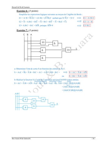 Recueil de Ds & Examens
Ben Amara M & Gâaloul K - 36 -
Exercice 6 : (3 points)
Simplifier les expressions logiques suivantes au moyen de l’algèbre de Boole :
E1 = A+B + B.A.C = (A+B) + (A+B).C sachant que X+X.C = X+C E1 = A+B+C
E2 = A = A.B.C + B.C = A + B.C + B.C = A + B.(C + C) E2= A + B
E3= A.B.C + B.C + B.B , puisque B.B=0 E3=B.C
Exercice 7 : (3 points)
a- Déterminer l’état de sortie S en fonction des entrées A, B, C.
S = A.(C + B) + A.B + B.C = A.C + A.B + A.B + B.C = S = A.C + A.B + A.B
ou S = B.C + A.B + A.B
b- Réaliser la fonction S à l’aide de l’opérateur universel NAND à deux entrées.
S = A.C + A.B + A.B = A.(C +B) + A.B = A.(C +B) . A.B = [A|(C+B)]|[(A|A)|B]
= [A|(C.B)]|[(A|A)|B]
= [A|((C|C)|B)]|[(A|A)|B]
 