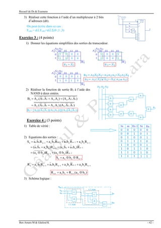 Recueil de Ds & Examens
Ben Amara M & Gâaloul K - 42 -
3) Réaliser cette fonction à l’aide d’un multiplexeur à 2 bits
d’adresses (ab).
On peut écrire dans ce cas :
F(ab) = d.c.F(ab)=d.c.(0 ;1 ;3)
Exercice 3 : (4 points)
1) Donner les équations simplifiées des sorties du transcodeur.
2) Réaliser la fonction de sortie B3 à l’aide des
NAND à deux entées.
)
A
.
A
.
(A
.
)
.A
A
A
.
A
.(
A
)
A
.
A
.
(A
)
.A
A
A
.
A
.(
A
B
1
2
3
1
3
1
3
2
1
2
3
1
3
1
3
2
3





B3= [A2|((A3|A1)|(A3|A1))]|(A3|(A2|A1))
Exercice 4 : (3 points)
1) Table de vérité :
2) Equations des sorties :
1
n
n
n
1
n
n
n
1
n
n
n
n
n
1
n
n
n
n
n
1
n
n
n
1
n
n
n
1
n
n
n
1
n
n
n
n
R
)
b
a
(
R
)
b
a
(
R
)
b
a
b
a
(
R
)
b
a
b
a
(
R
b
a
R
b
a
R
b
a
R
b
a
S




















1
n
n
n
n R
b
a
S 



R
b
a
R
b
a
R
b
a
R
b
a
R 1
n
n
n
1
n
n
n
1
n
n
n
1
n
n
n
n 


 



)
b
a
(
R
b
a
R n
n
1
n
n
n
1
-
n 

 
3) Schéma logique :
 